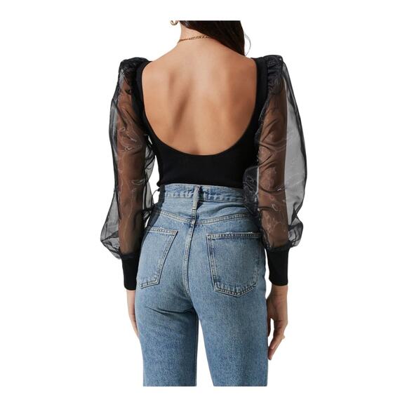 Astr The Label NWT SemiSheer Organza Sleeve Black Chic Bodysuit Large - Picture 10 of 10